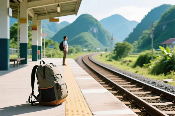 Ba lô đặt trên sân ga nhỏ giữa núi rừng, một người đứng chờ tàu phía xa — hạng Max