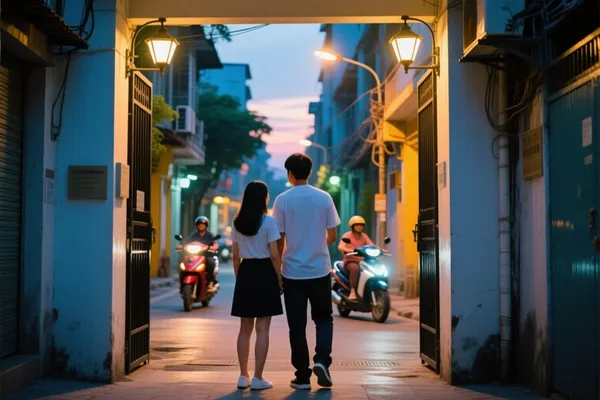 Đôi bạn trẻ nắm tay đi vào con hẻm lúc chiều tối, đèn đường vàng, xe máy hai bên — hạng Max