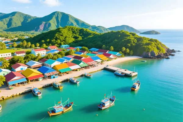 Làng chài ven biển nhìn từ trên cao, nhà mái tôn nhiều màu, thuyền đánh cá trên mặt nước xanh — hạng Max