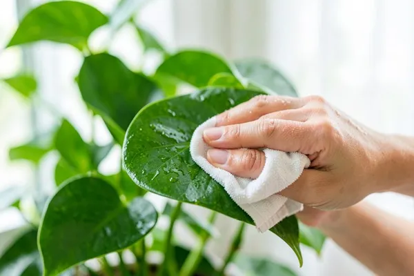 Bàn tay cầm khăn trắng lau chiếc lá cây cảnh xanh bóng, nền sáng mờ — hạng Plus
