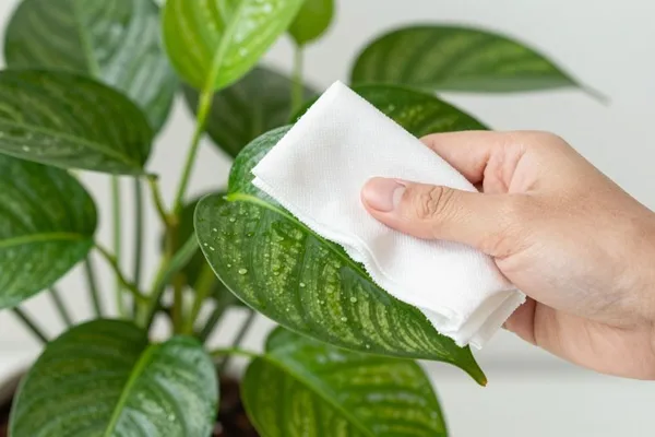 Bàn tay cầm khăn trắng lau chiếc lá cây cảnh xanh bóng, nền sáng mờ — hạng Pro